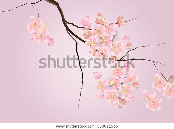 アートブラシで作った枝のピンク色の水彩色を持つ桜の花 背景用ベクターイラストまたはカード のベクター画像素材 ロイヤリティフリー