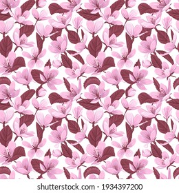 Cherry blossom flowers and leaves vector seamless pattern. Pink blooming flowers and leaves on white background. Gentle spring floral seamless pattern.