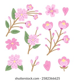 Cherry Blossom Flowers Petals Branches Set. Hand drawn spring sakura design elements. Japanese Hanami blooming plants collection. Botanical vector illustration