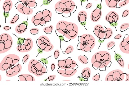 Cherry blossom flowers seamless pattern. Outline illustration with color spots. Doodle style. Hand drawn cherry flowers Isolate on white. Sakura texture. Fabric design