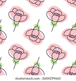 Cherry blossom flowers seamless pattern. Outline illustration with color spots. Doodle style. Hand drawn cherry flowers Isolate on white. Sakura texture. Fabric design