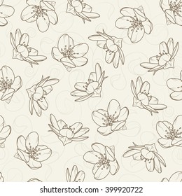 Cherry blossom flowers seamless pattern. Branch, stem and leaves drop shadow. Brown outline on yellow beige background.