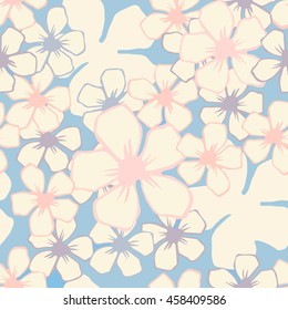 Cherry blossom flowers seamless vector pattern on blue background.. Soft floral background.