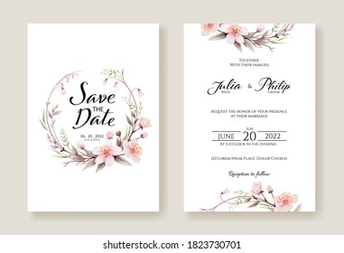 Cherry blossom flowers wedding Invitation, save the date card template. Watercolour style.