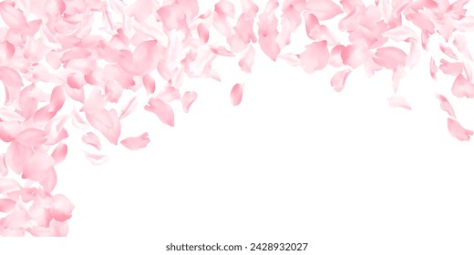 Kirschblüten fliegende Blütenblätter Blumenteile fallen mit Wind isoliert auf weiß. Hintergrund-Illustration des Valentinstag-Vektors. Sakura blüht rosa Blütenblätter. Besenende Pfirsichbaumelemente.