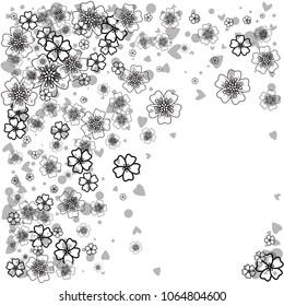 Cherry blossom frame or border isolated on white. Black and white outline. Coloring book