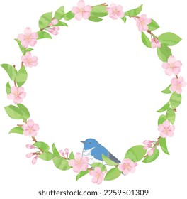 cherry blossom frame and cute little bird.