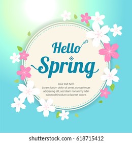 Cherry blossom frame or hello spring flowers frame design in vector