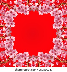 Cherry blossom frame on red background.