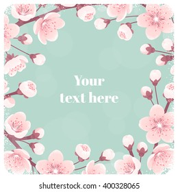 Cherry blossom frame, spring flowers. Retro vector illustration. Place for your text. Design for invitation, banner, card, poster, flyer