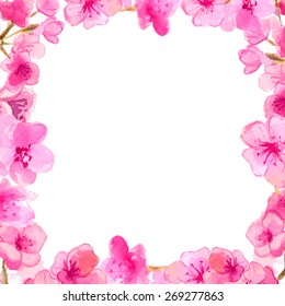 Cherry blossom frame. Watercolor pink flowers. Vector nature background.