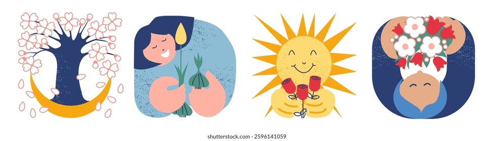 Cherry blossom, girl holding tulip and bouquet of flowers, and the sun holding tulips.Geometric simple design for spring greeting. Hand drawn flat vector illustration
