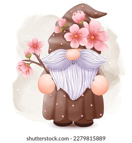 Cherry Blossom Gnome Illustration for spring decoration