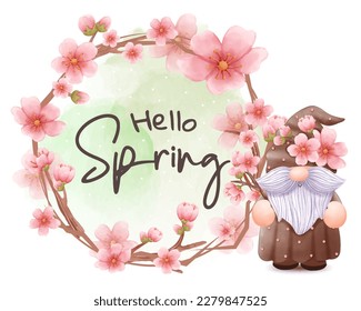 Cherry Blossom Gnome Illustration for spring background