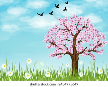 Flor de cerezo en la hierba en primavera
