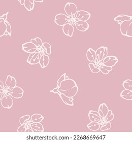 Cherry blossom hand drawn floral seamless pattern on pale pink background. Vector print design with outline delicate flower drawing for textile, fabric, wrapping paper and wallpapers