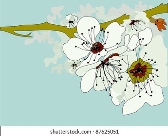 Cherry Blossom Handrawn Flowers On Blue