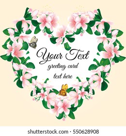 Cherry blossom heart. Greeting card background with sakura flowers. Vector template for Valentine, wedding or birthday cards.
