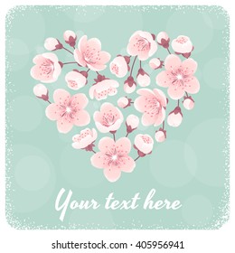 Cherry blossom heart, spring flowers. Retro vector illustration. Place for your text. Design for invitation, banner, card, poster, flyer