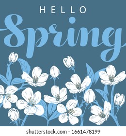 Cherry blossom with hello Spring lettering on a blue background