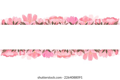 Banner horizontal con flores de cerezo enmarcando el piso de una flor sakura. Floral ornamento primavera flor rama primavera primavera panda borde saludo de temporada navideña plantilla de cupón folleto de fondo rosa tarjeta de moda