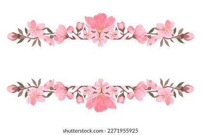 Cherry blossom horizontal banner frame sakura flower flat. Floral ornament spring bloom branch leaf spring bunch border greeting holiday season voucher template brochure pink background fashion card
