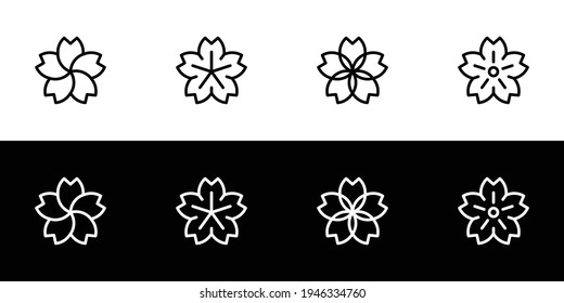 Kirschblüte Symbol gesetzt. Flaches Design-Symbol-Sammlung einzeln auf schwarz-weißem Hintergrund.