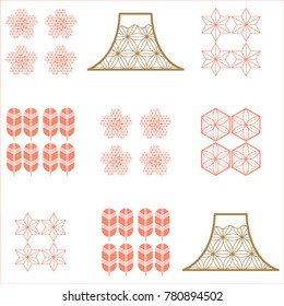 Cherry blossom icons and symbols with Japanese pattern vector. Pink and brown geometric background. Fuji Mountain symbols. 