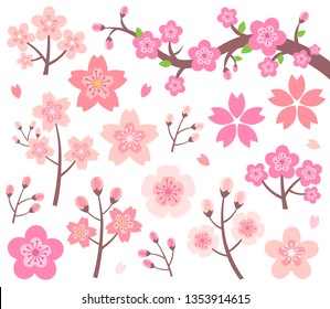 Cherry Blossom Illustration Vector Set. Sakura blossoms, branches, flower petals. Design element collection in flat style.