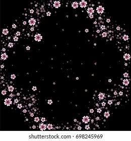 Cherry blossom isolated on black. Beautiful shamrock shape sakura frame or border of random scatter flowers, dots, hearts and petals.