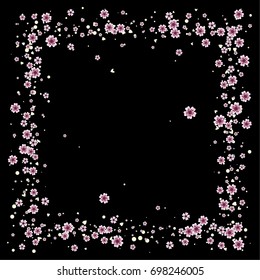Cherry blossom isolated on black. Beautiful square sakura frame or border of random scatter flowers, dots, hearts and petals.
