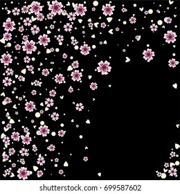 Cherry blossom isolated on black. Beautiful sakura falling. Random scatter explosion of flowers, dots, hearts and petals.