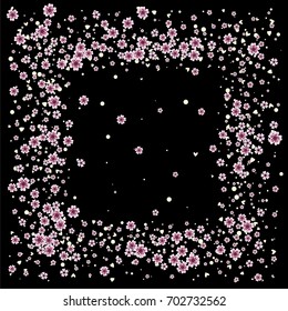 Cherry blossom isolated on black. Beautiful square sakura frame or border of random scatter flowers, dots, hearts and petals.