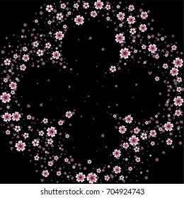 Cherry blossom isolated on black. Beautiful shamrock shape sakura frame or border of random scatter flowers, dots, hearts and petals.