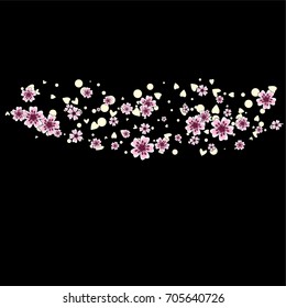 Cherry blossom isolated on black. Beautiful sakura frame or border of random scatter flowers, dots, hearts and petals.