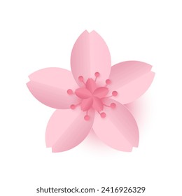 Flor de cerezo aislada en un fondo blanco. Flor sakura. Ilustración de corte de papel y estilo artesanal