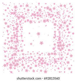 Cherry blossom isolated on white. Beautiful square sakura frame or border of random scatter flowers, dots, hearts and petals.