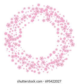 Cherry blossom isolated on white. Beautiful sakura frame or border of random scatter flowers, dots, hearts and petals.