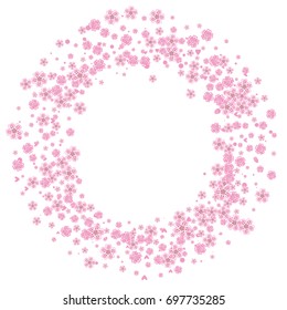 Cherry blossom isolated on white. Beautiful sakura frame or border of random scatter flowers, dots, hearts and petals.