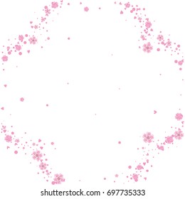 Cherry blossom isolated on white. Beautiful shamrock shape sakura frame or border of random scatter flowers, dots, hearts and petals.