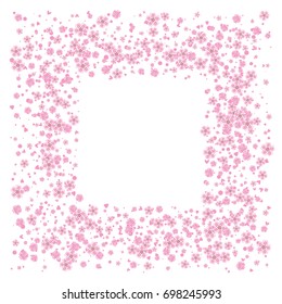 Cherry blossom isolated on white. Beautiful square sakura frame or border of random scatter flowers, dots, hearts and petals.