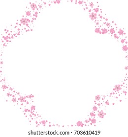 Cherry blossom isolated on white. Beautiful shamrock shape sakura frame or border of random scatter flowers, dots, hearts and petals.