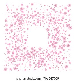 Cherry blossom isolated on white. Beautiful square sakura frame or border of random scatter flowers, dots, hearts and petals.