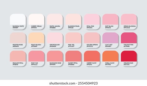 Cherry Blossom (Japan) Flower Color Palette, Cherry Blossom Flower Color Guide Palette with Color Names. Catalog Samples of sakura Flower colors with RGB HEX code. Fashion Trend light pink color tone