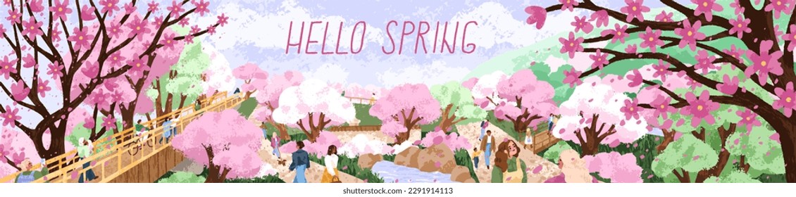 Cherry blossom in Japan park, landscape banner. Blossomed spring flowers with pink petals on trees, sakura blooms, Japanese floral plant, people at springtime season, Hanami. Flat vector illustration