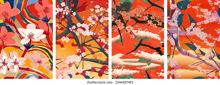 Cherry blossom Japanese background. Beautiful Sakura flowers spring nature art illustration.