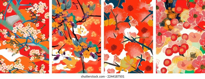 Cherry blossom Japanese background. Beautiful Sakura flowers spring nature art illustration.