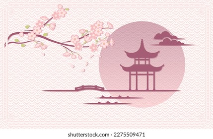 Cherry blossom and Japanese pattern, gazebo on the water against the background of the rising sun, pastel vector illustration.