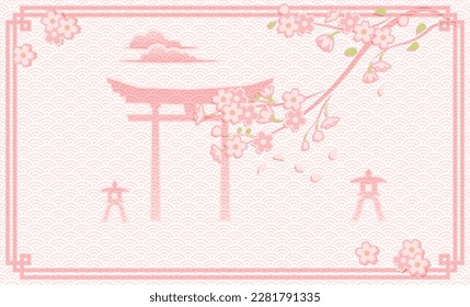 Cherry blossom and Japanese pattern, pastel vector illustration. Torii gate and stone lantern toro. Postcard.