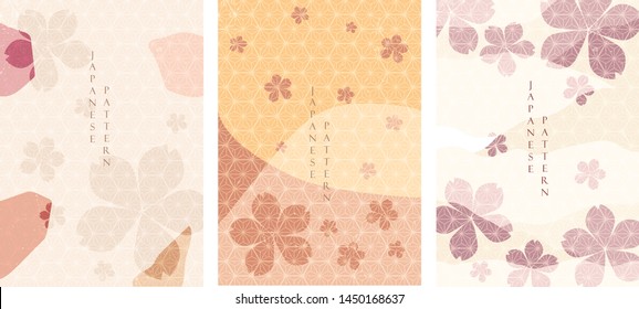 Cherry blossom with Japanese pattern vector. Floral background in Asian traditional style.